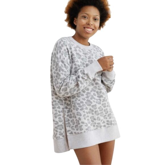 Aerie Oversized Desert Grey Leopard Fleece Pullover Size Small NWT - Picture 1 of 16